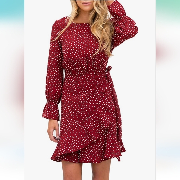 Brick Red Polka Dot Faux Wrap Skirt - Picture 1 of 14